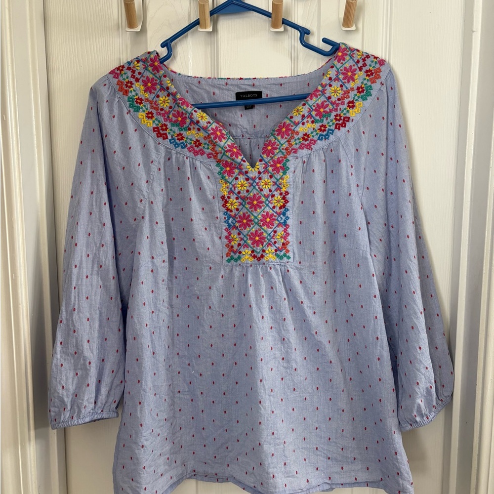 Talbots Light Blue Blouse with Colorful Embroidery